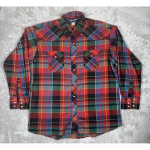 Wrangler X Long Tails Shirt Mens‎ Size 17.5 36 Plaid Long Sleeve Button Up VTG
